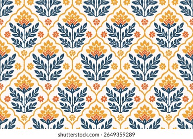 Ikat floral seamless pattern with traditional ethnic style and colorful ornament design for textile, fabric, wallpaper, and clothing illustration inspired by boho tribal decorative embroidery texture.