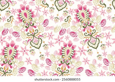 Ikat floral seamless pattern,Ikat ethnic oriental seamless pattern on white background,vector illustration,Ikat floral embroidery,hand drawn background.design for texture,fabric,clothing,decoration.