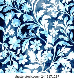 Ikat floral vintage embroidery on blue textured background. Ikat ethnic oriental seamless pattern traditional. Jacodean style abstract vector illustration.design for texture,fabric,clothing,wrapping.