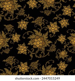Ikat flower embroidery on black background, traditional Ikat seamless pattern. Abstract vector illustration, Aztec style design for texture, fabric, clothing, wrapping, decoration.
