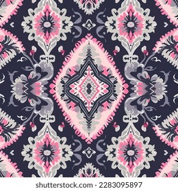 Ikat flower rhombus damask seamless pattern. Abstract traditional folk old ancient antique tribal ethnic graphic line. Ornate elegant luxury vintage retro modern minimal style for texture textile.