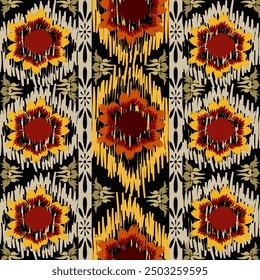 Ikat flower seamless Dark Tone , Motif ethnic  floral seamless textil,  embroidery, print striped ornament floral, pattern, design for wrapping, silk, scarf, background, textile
