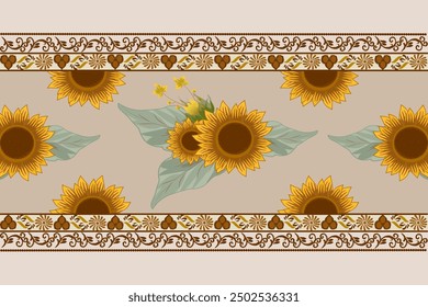 Girasoles en tono amarillo-marrón, Motivo étnico floral sin costuras textil, bordado, estampado de rayas ornamento, patrón floral, diseño para envolver, seda, bufanda, fondo, textil