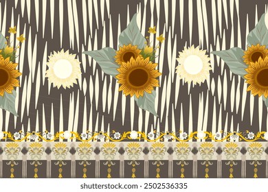 Girasoles en tono amarillo-marrón, Motivo étnico floral sin costuras textil, bordado, estampado de rayas ornamento, patrón floral, diseño para envolver, seda, bufanda, fondo, textil