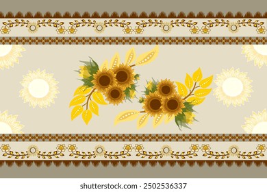 Girasoles en tono amarillo-marrón, Motivo étnico floral sin costuras textil, bordado, estampado de rayas ornamento, patrón floral, diseño para envolver, seda, bufanda, fondo, textil