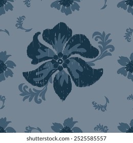 Ikat flores azul sem costura design padrão. Design para papel de parede, tapete, roupas, moda, tecido.