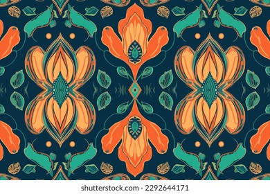 Ikat flowers floral ornament pattern. Ornate elegant luxury vintage retro modern minimal for texture textile fabric backdrop background wallpaper. Abstract seamless traditional folk graphic line.