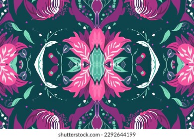 Ikat flowers floral ornament pattern. Ornate elegant luxury vintage retro modern minimal for texture textile fabric backdrop background wallpaper. Abstract seamless traditional folk graphic line.