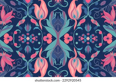 Ikat flowers floral ornament pattern. Ornate elegant luxury vintage retro modern minimal for texture textile fabric backdrop background wallpaper. Abstract seamless traditional folk graphic line.