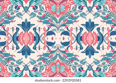 Ikat flowers floral ornament pattern. Ornate elegant luxury vintage retro modern minimal for texture textile fabric backdrop background wallpaper. Abstract seamless traditional folk graphic line.