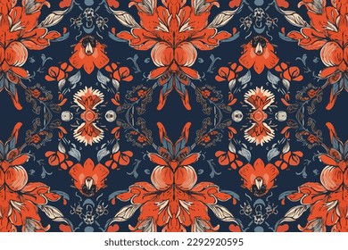 Ikat flowers floral ornament pattern. Ornate elegant luxury vintage retro modern minimal for texture textile fabric backdrop background wallpaper. Abstract seamless traditional folk graphic line.