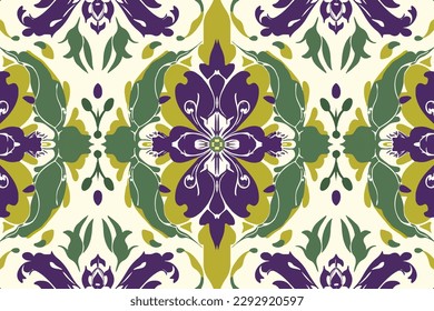 Flores de Ikat con motivos de adorno floral. Ornate elegante vintage retro moderno de lujo minimalista para textura tela fondo fondo fondo papel tapiz. Resumen de línea gráfica folclórica tradicional sin fisuras.