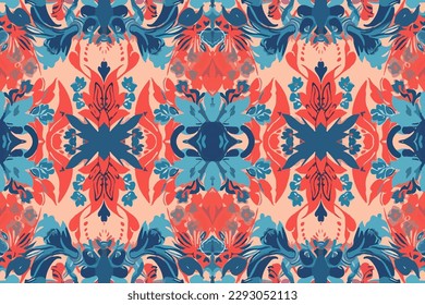 Ikat flowers floral ornament pattern. Ornate elegant luxury vintage retro modern minimal for texture textile fabric backdrop background wallpaper. Abstract seamless traditional folk graphic line.