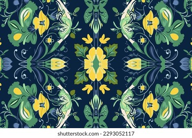 Ikat flowers floral ornament pattern. Ornate elegant luxury vintage retro modern minimal for texture textile fabric backdrop background wallpaper. Abstract seamless traditional folk graphic line.