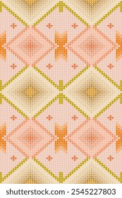 Ikat geometric abstract embroidery heart shape elements pastel color background seamless pattern. Perfect geometry decorative design for fabric, texture, ornament, graphic, card, interior, knitting