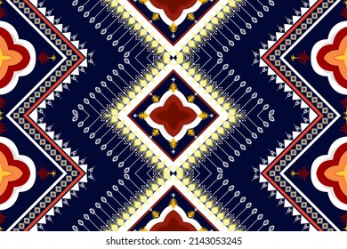 Diseño de patrones étnicos abstractos geométricos Ikat. Moqueta de tela azteca mandala adorno de decoración textil de chevron étnico papel de pared. Antecedentes de vectores de bordado tradicionales de origen tribal boho 