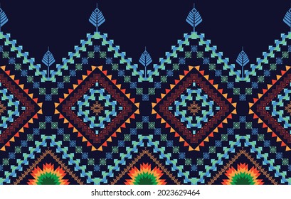 Diseño de patrones étnicos geométricos Ikat. Moqueta de tela azteca mandala adorno boho chevron decoración textil papel de pared. Tradicional bordado ornamento tribal textura vectorial ilustraciones de fondo.