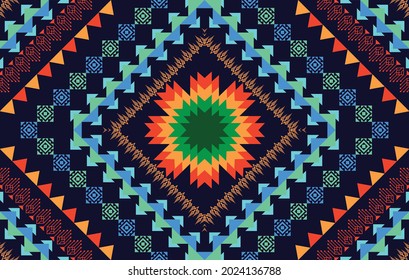 Ikat geometric ethnic pattern design. Aztec fabric carpet mandala ornament boho chevron textile decoration wallpaper. Traditional embroidery ornament tribal texture vector illustrations background.