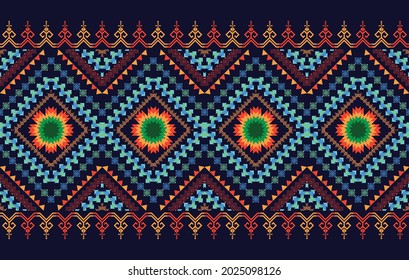 Ikat geometric ethnic pattern design. Aztec fabric carpet mandala ornament boho chevron textile decoration wallpaper. Traditional embroidery ornament tribal texture vector illustrations background.