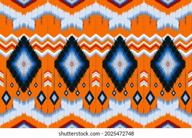 ikat geometrisches ethnisches Muster orientalisches traditionelles Design. abstrakter Stickereistil auf orangefarbenem Hintergrund für Taschen, Jacke, Teppich, Tapete, Kleidung, Umhüllung, Stoff. Nahtlose Vektorgrafik.