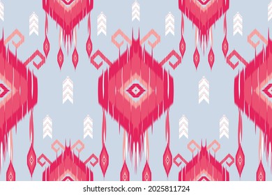 ikat geometric ethnic pattern oriental traditional design. Red abstract embroidery style on blue backgroud for bags, jacket,  carpet, wallpaper, clothing, wrapping, fabric. Seamless vector.