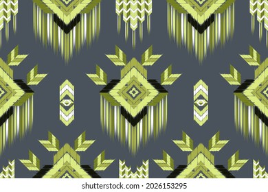 ikat geometric ethnic pattern oriental traditional design. Green abstract embroidery style on silver backgroud for bags, jacket,  carpet, wallpaper, clothing, wrapping, fabric. Seamless vector.