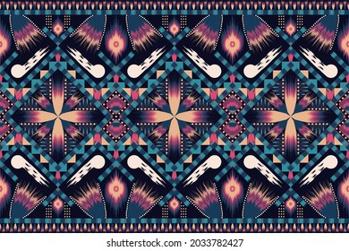patrón geométrico étnico de ikat diseño tradicional oriental. El estilo de bordado abstracto hippie gigante sobre fondo azul comprende el havajo, el tribal, el grunge, el floral, el maya y el peruano. vector transparente