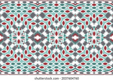 ikat geometric ethnic pattern oriental traditional design. red aqua floral abstract embroidery style on green backgroud for fabric, carpet, weaving and all disign. seamless vector illustation.