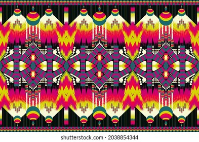 ikat geometric ethnic pattern oriental traditional design. hippie castle under ceiling lamp floral abstract embroidery style on black backgroud for fabric, carpet, weaving, all disign. seamless vector