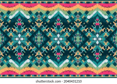 patrón geométrico étnico de ikat diseño tradicional oriental. cristal hippie bajo olas coloridas estilo bordado abstracto floral sobre fondo verde para tela, alfombra, tejido y todo diseño. vector.