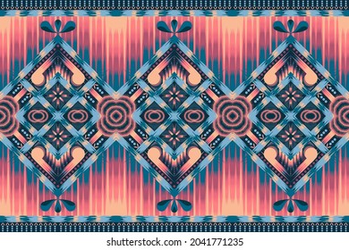 ikat geometric ethnic pattern oriental traditional design. hippie foral magic cicle abstract embroidery style on blue backgroud for fabric, carpet, weaving and all disign. seamless vector illustation.