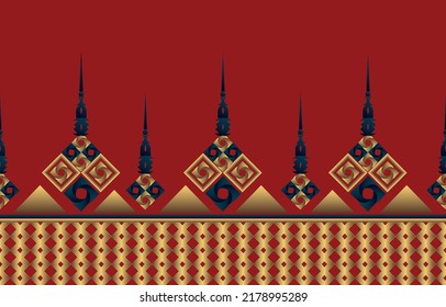 Ikat geometric figure in gold on red background. tribal pattern, wallpaper, clothing, wall, culture, ceramics.