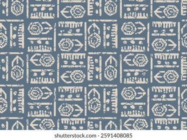 Ikat geometric folklore ornament. Batik tie dye texture repeat modern Pattern in blue background. Cloth fabric print design for textiles.