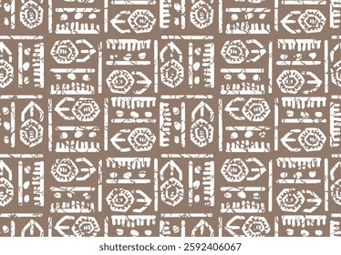 Ikat geometric folklore ornament. Batik tie dye texture repeat modern Pattern in brown background. Cloth fabric print design for textiles.