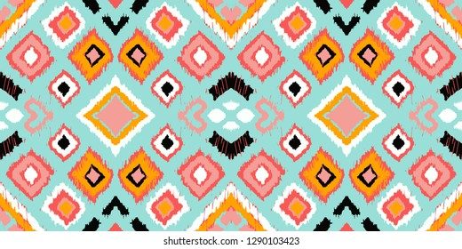 Ikat geometric folklore ornament with diamonds. Tribal ethnic vector texture. Seamless striped pattern in Aztec style. Folk  embroidery. Indian, Scandinavian, Gypsy, Mexican, African rug. 