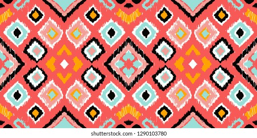 Ikat geometric folklore ornament with diamonds. Tribal ethnic vector texture. Seamless striped pattern in Aztec style. Folk  embroidery. Indian, Scandinavian, Gypsy, Mexican, African rug. 
