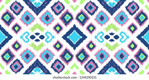 Ikat geometric folklore ornament with diamonds. Tribal ethnic vector texture. Seamless striped pattern in Aztec style. Folk  embroidery. Indian, Scandinavian, Gypsy, Mexican, African rug. 
