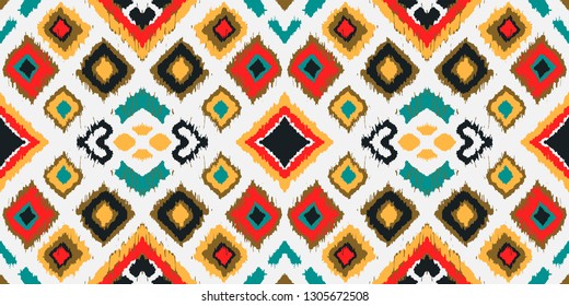 Ikat geometric folklore ornament with diamonds. Tribal ethnic vector texture. Seamless striped pattern in Aztec style. Folk  embroidery. Indian, Scandinavian, Gypsy, Mexican, African rug. 