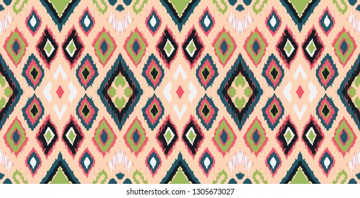 Ikat geometric folklore ornament with diamonds. Tribal ethnic vector texture. Seamless striped pattern in Aztec style. Folk  embroidery. Indian, Scandinavian, Gypsy, Mexican, African rug. 
