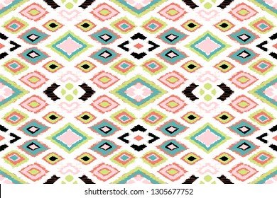 Ikat geometric folklore ornament with diamonds. Tribal ethnic vector texture. Seamless striped pattern in Aztec style. Folk  embroidery. Indian, Scandinavian, Gypsy, Mexican, African rug. 