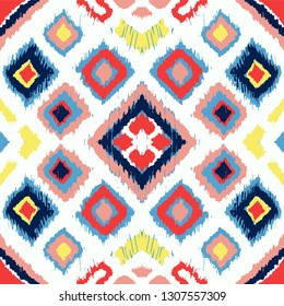 Ikat geometric folklore ornament with diamonds. Tribal ethnic vector texture. Seamless striped pattern in Aztec style. Folk  embroidery. Indian, Scandinavian, Gypsy, Mexican, African rug. 