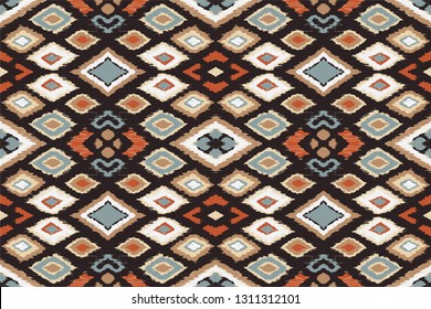 Ikat geometric folklore ornament with diamonds. Tribal ethnic vector texture. Seamless striped pattern in Aztec style. Folk  embroidery. Indian, Scandinavian, Gypsy, Mexican, African rug. 