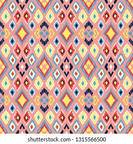 Ikat geometric folklore ornament with diamonds. Tribal ethnic vector texture. Seamless striped pattern in Aztec style. Folk  embroidery. Indian, Scandinavian, Gypsy, Mexican, African rug. 