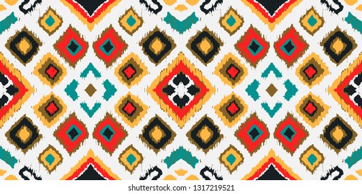 Ikat geometric folklore ornament with diamonds. Tribal ethnic vector texture. Seamless striped pattern in Aztec style. Folk  embroidery. Indian, Scandinavian, Gypsy, Mexican, African rug. 