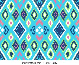 Ikat geometric folklore ornament with diamonds. Tribal ethnic vector texture. Seamless striped pattern in Aztec style. Folk  embroidery. Indian, Scandinavian, Gypsy, Mexican, African rug. 
