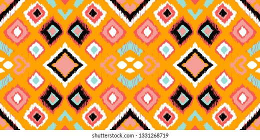 Ikat geometric folklore ornament with diamonds. Tribal ethnic vector texture. Seamless striped pattern in Aztec style. Folk  embroidery. Indian, Scandinavian, Gypsy, Mexican, African rug. 
