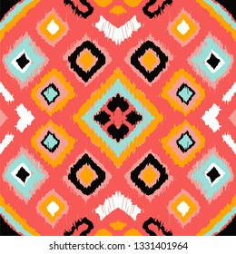 Ikat geometric folklore ornament with diamonds. Tribal ethnic vector texture. Seamless striped pattern in Aztec style. Folk  embroidery. Indian, Scandinavian, Gypsy, Mexican, African rug. 