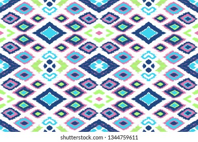 Ikat geometric folklore ornament with diamonds. Tribal ethnic vector texture. Seamless striped pattern in Aztec style. Folk  embroidery. Indian, Scandinavian, Gypsy, Mexican, African rug. 