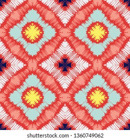 Ikat geometric folklore ornament with diamonds. Tribal ethnic vector texture. Seamless striped pattern in Aztec style. Folk  embroidery. Indian, Scandinavian, Gypsy, Mexican, African rug. 