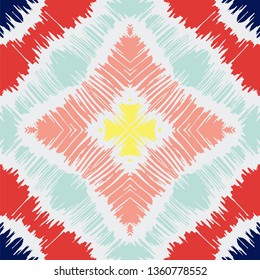 Ikat geometric folklore ornament with diamonds. Tribal ethnic vector texture. Seamless striped pattern in Aztec style. Folk  embroidery. Indian, Scandinavian, Gypsy, Mexican, African rug. 